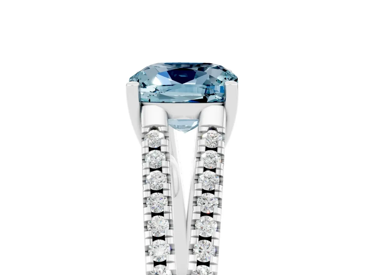 Cushion Cut Aquamarine Solitaire Engagement Ring with Split Shank Pavé Band Silver