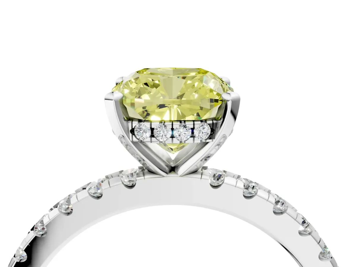Fancy Yellow Cushion Cut Diamond Solitaire Ring with Round Pavé Band and Four-Prong Setting Silver