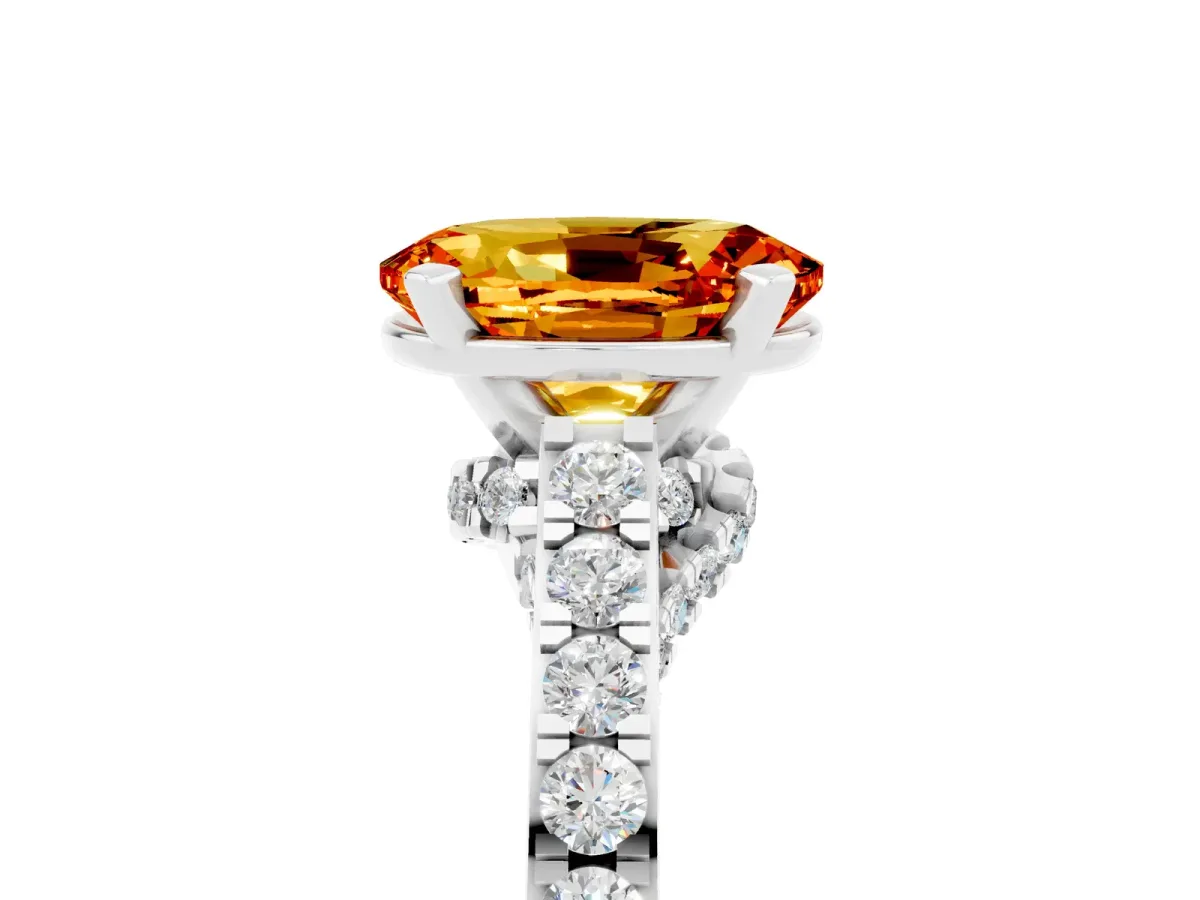 Oval Cut Citrine Solitaire Ring with Crossover Gallery and Round Pavé Band Silver