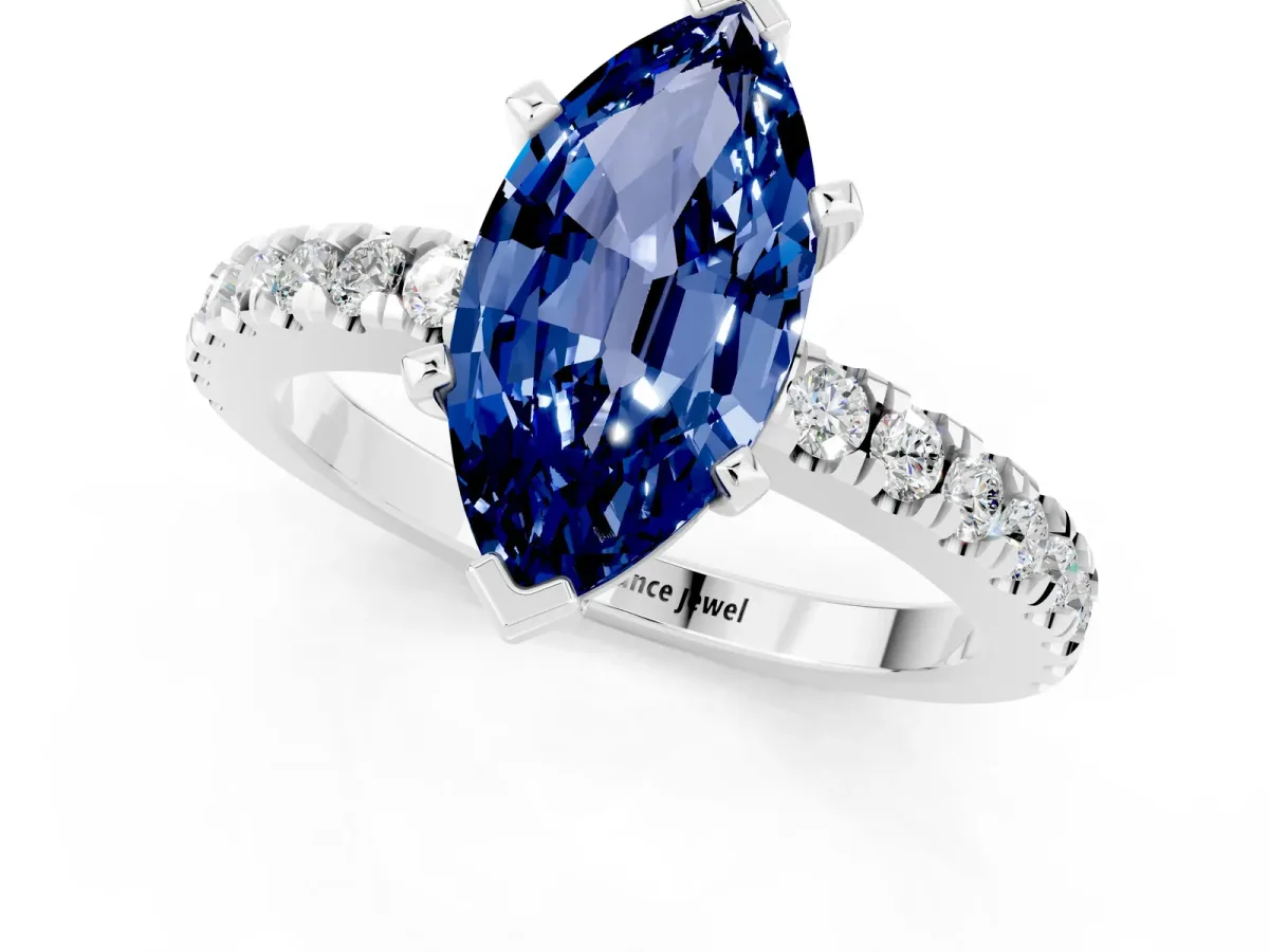 Marquise Cut Solitaire Blue Sapphire with Pavé Band and Four-Prong Setting Silver