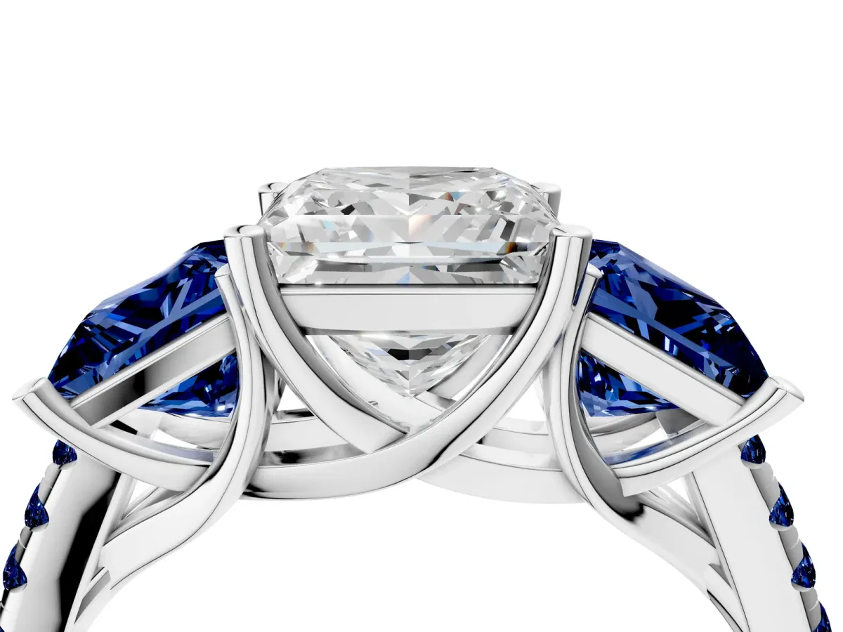 Three-Stone Princess Cut Diamond Ring with Round Blue Sapphire Pavé Band and Prong Setting Silver