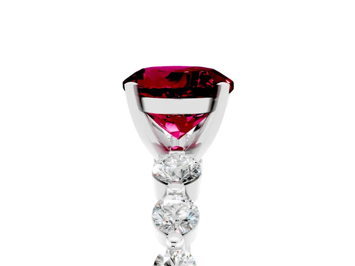 Round Cut Solitaire Garnet Ring with Pave Band and Four-Prong Setting Platinum