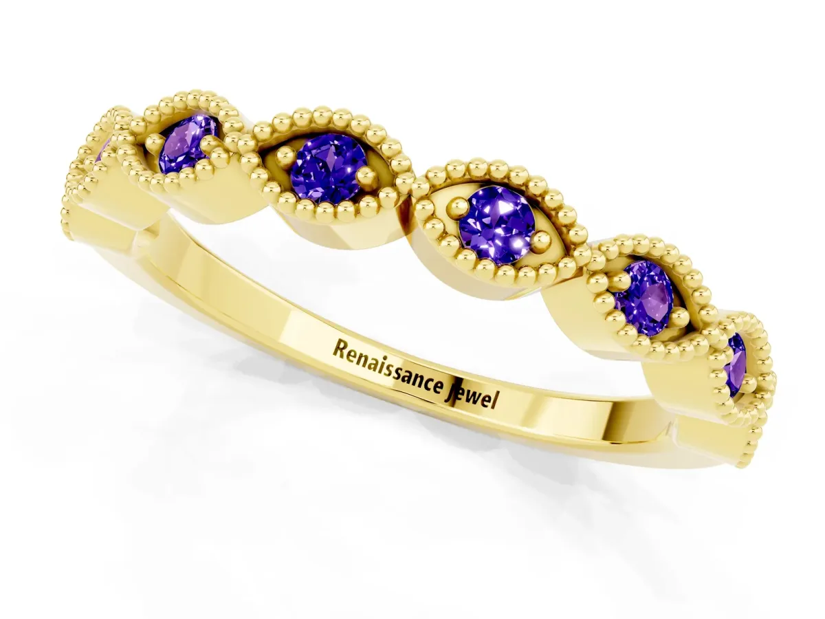 Milgrain Marquise Tanzanite Half Eternity Band with Bezel Setting Yellow gold