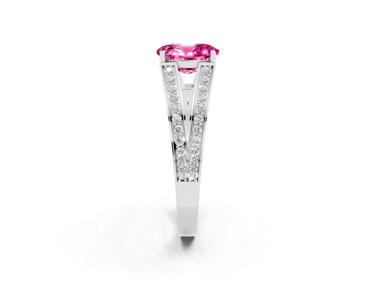 Oval Cut Pink Sapphire Split Shank Ring with Pavé Band and Four-Prong Setting White gold