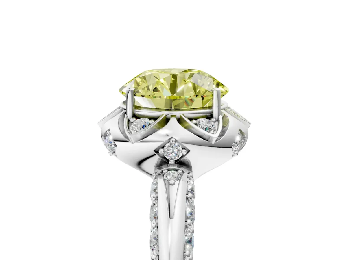 Fancy Yellow Round Cut Halo Split Shank Pave Diamond Ring with Petal Prong Setting Platinum