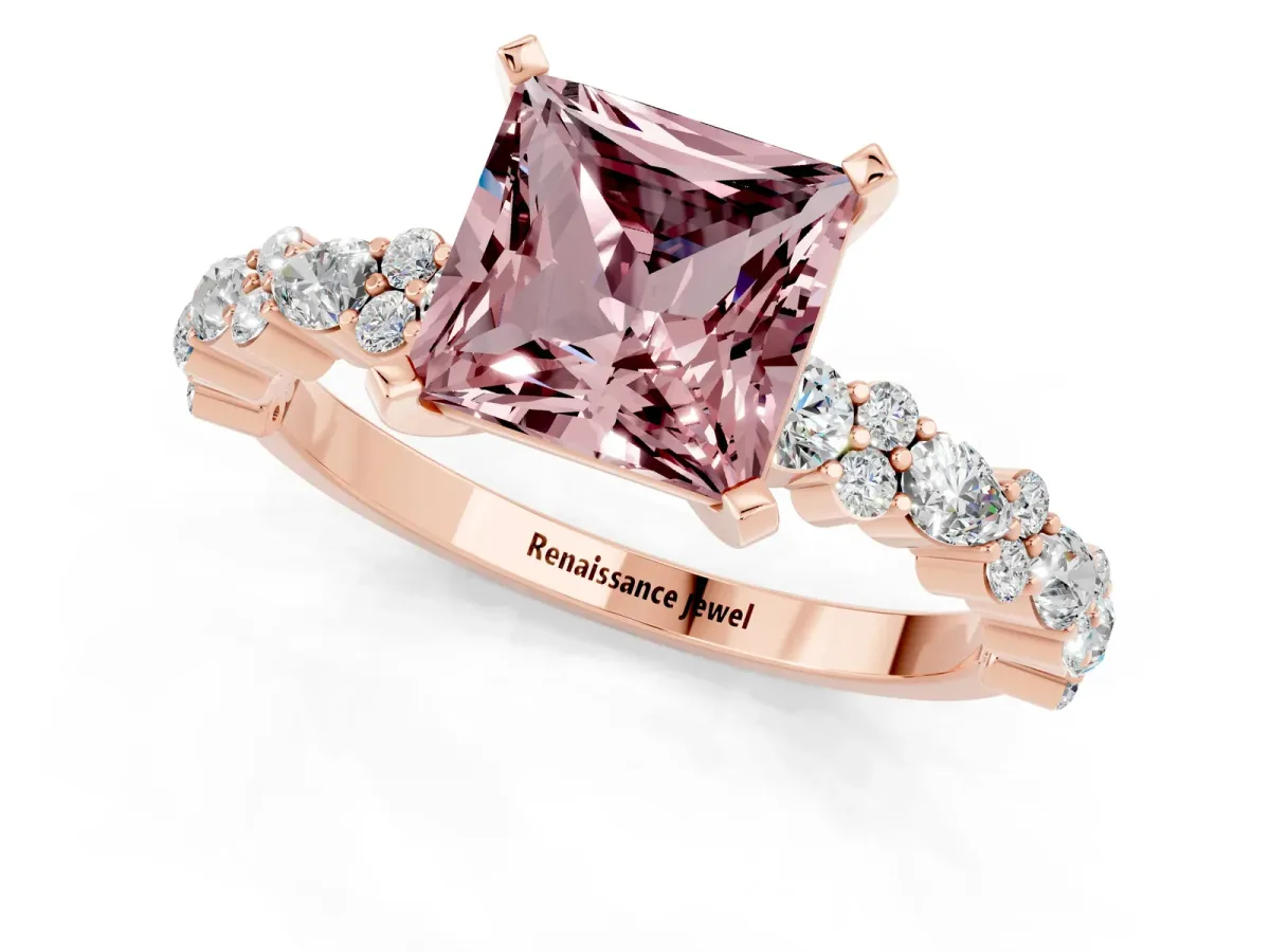 Princess Cut Morganite Side Stone Solitaire Ring with Round and Four-Prong Setting Rose gold