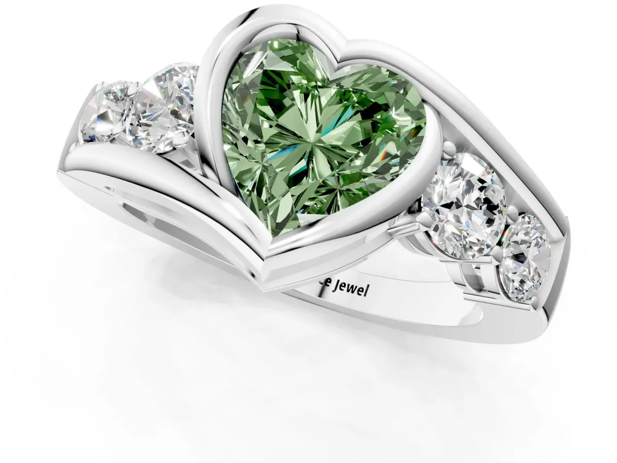 Fancy Green Bezel Set Heart Cut Diamond Bypass Ring with Round Accents Silver