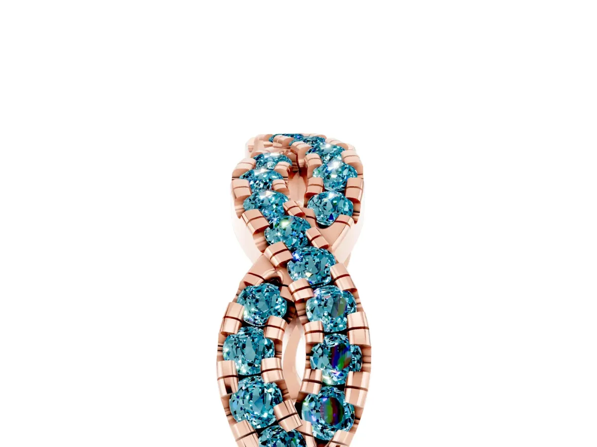Round Blue Topaz Twisted Eternity Band with Pavé and Shared Prong Setting Rose gold