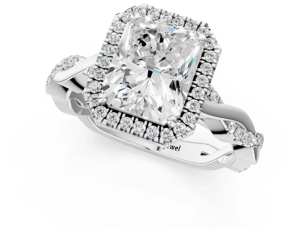 Radiant Cut Cut Halo Twisted Band Four-Prong Ring Platinum