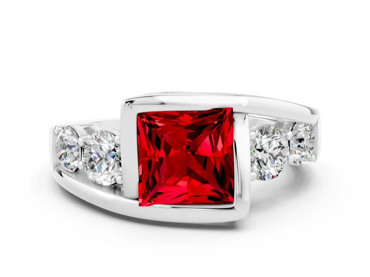 Bezel Set Princess Cut Ruby Bypass Ring with Round Accents Platinum