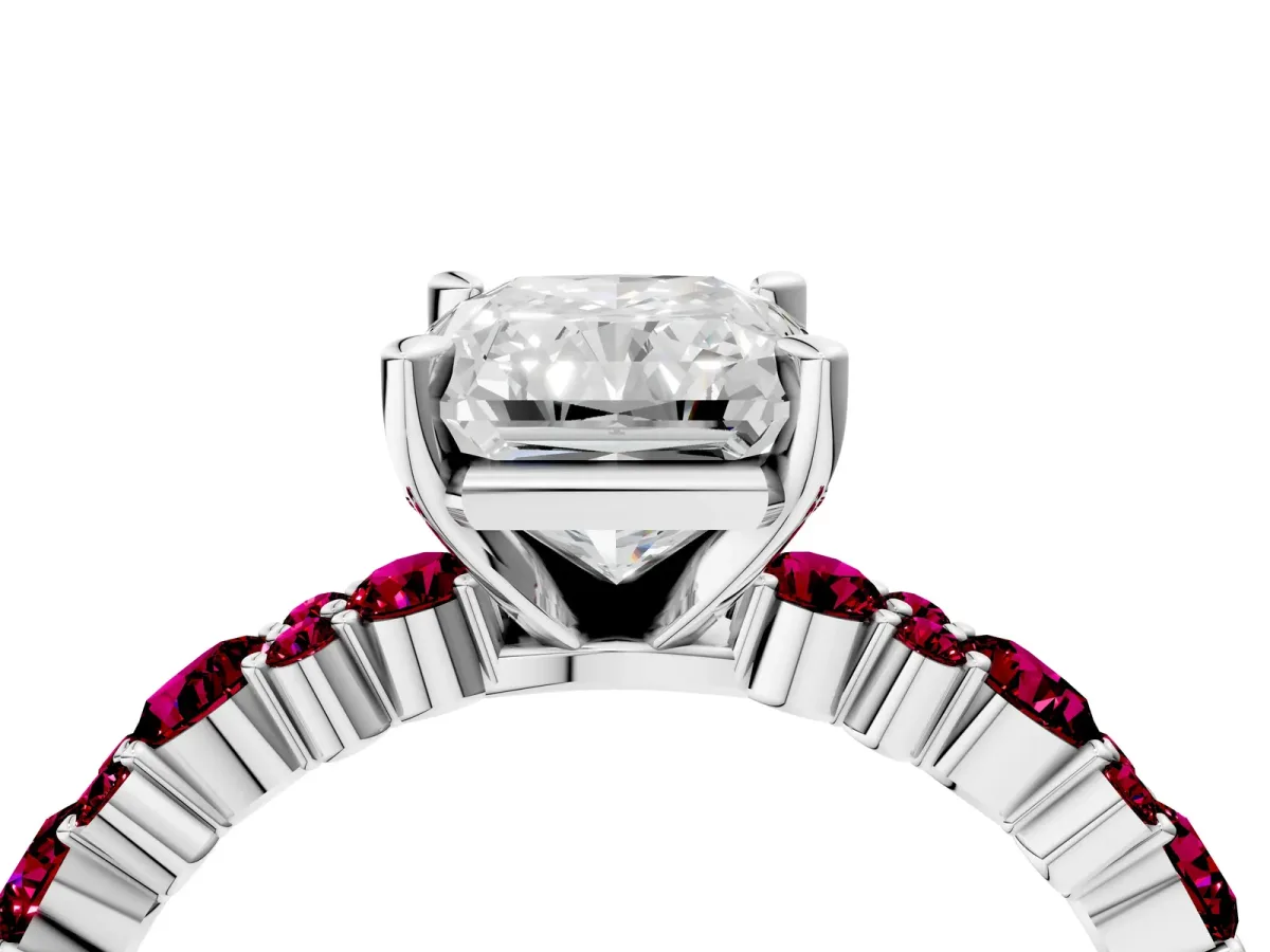 Radiant Cut Diamond Side Stone Solitaire Ring with Round Garnet and Four-Prong Setting Platinum
