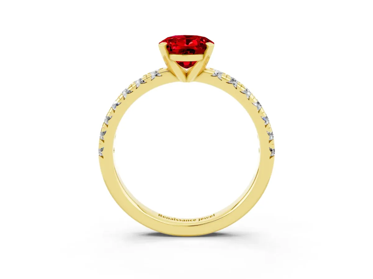 Oval Cut Ruby Solitaire Pavé Engagement Ring with Round Band and Prong Setting Yellow gold