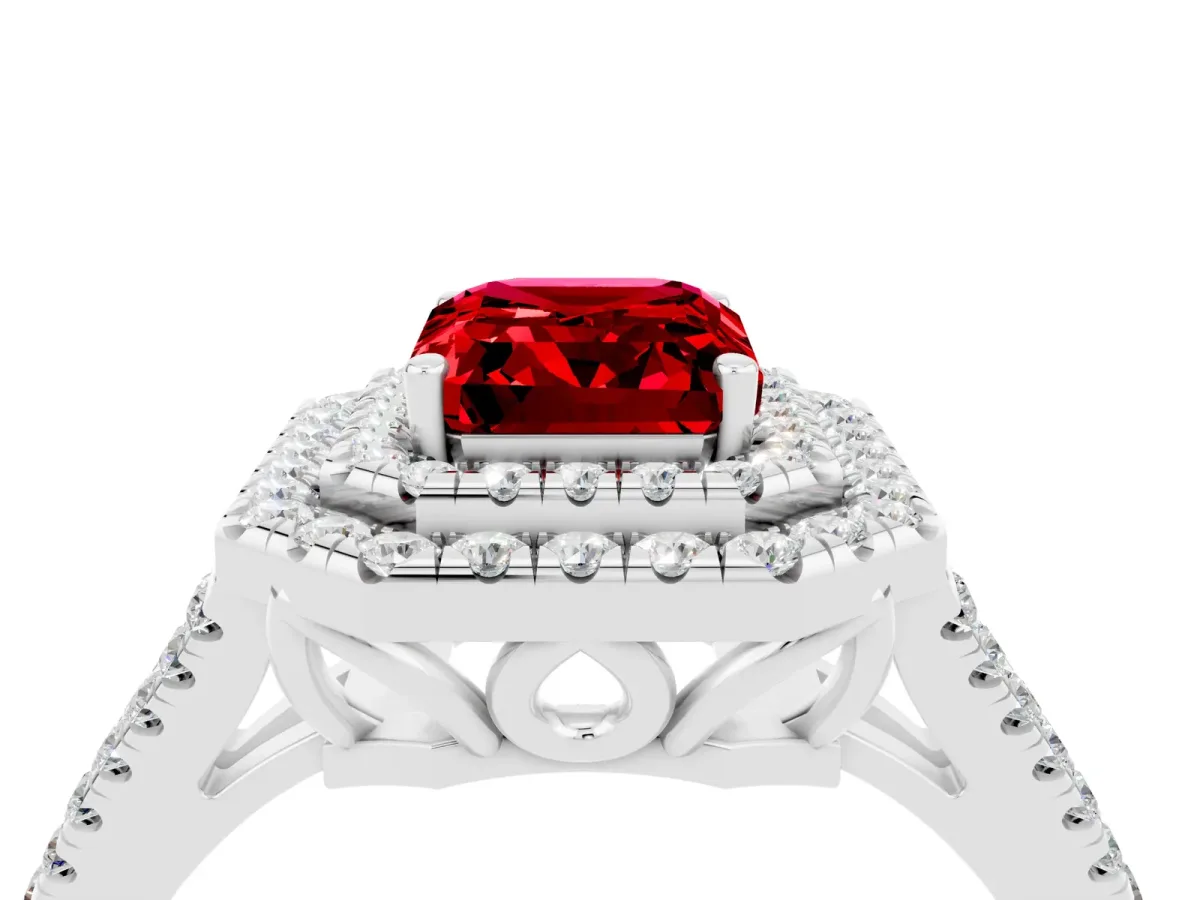 Emerald Cut Ruby Double Halo Ring with Pavé Band and Prong Setting White gold