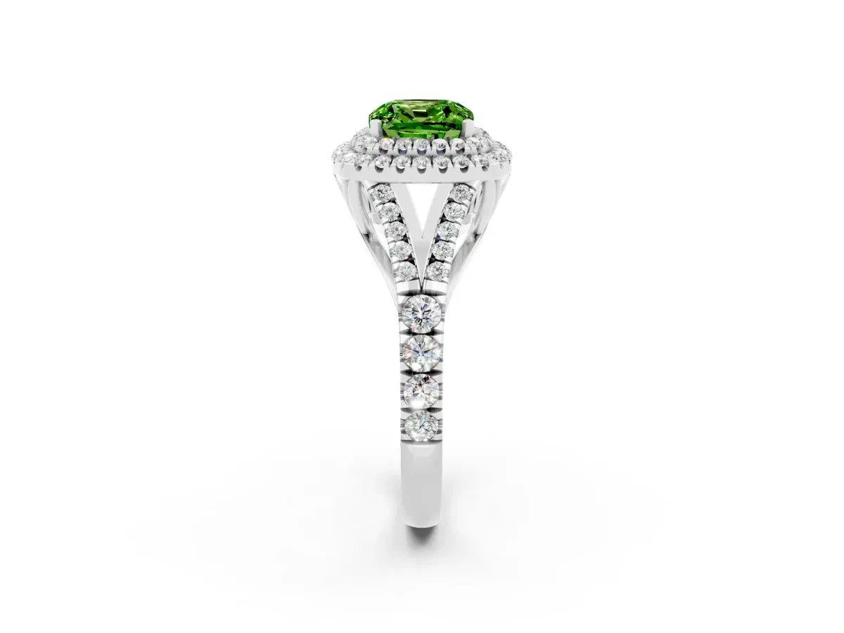 Double Halo Cushion Cut Peridot Split Shank Engagement Ring with Four-Prong Setting White gold