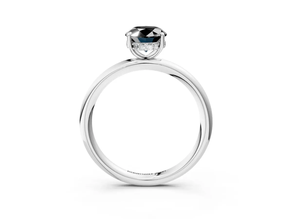 Fancy Black Oval Cut Diamond Solitaire Ring with Thin Band and Four-Prong Setting White gold