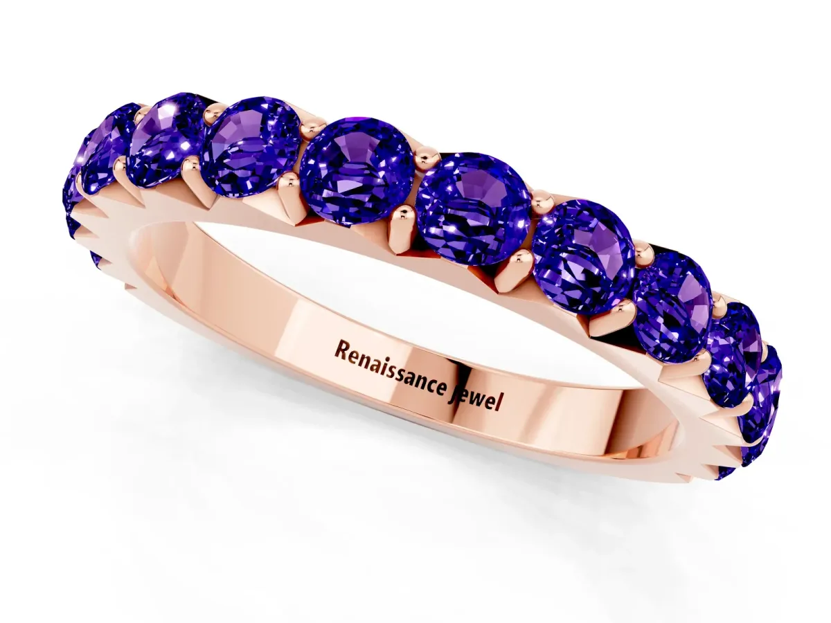 Round Tanzanite Half Eternity Band with Classic Prong Setting Rose gold