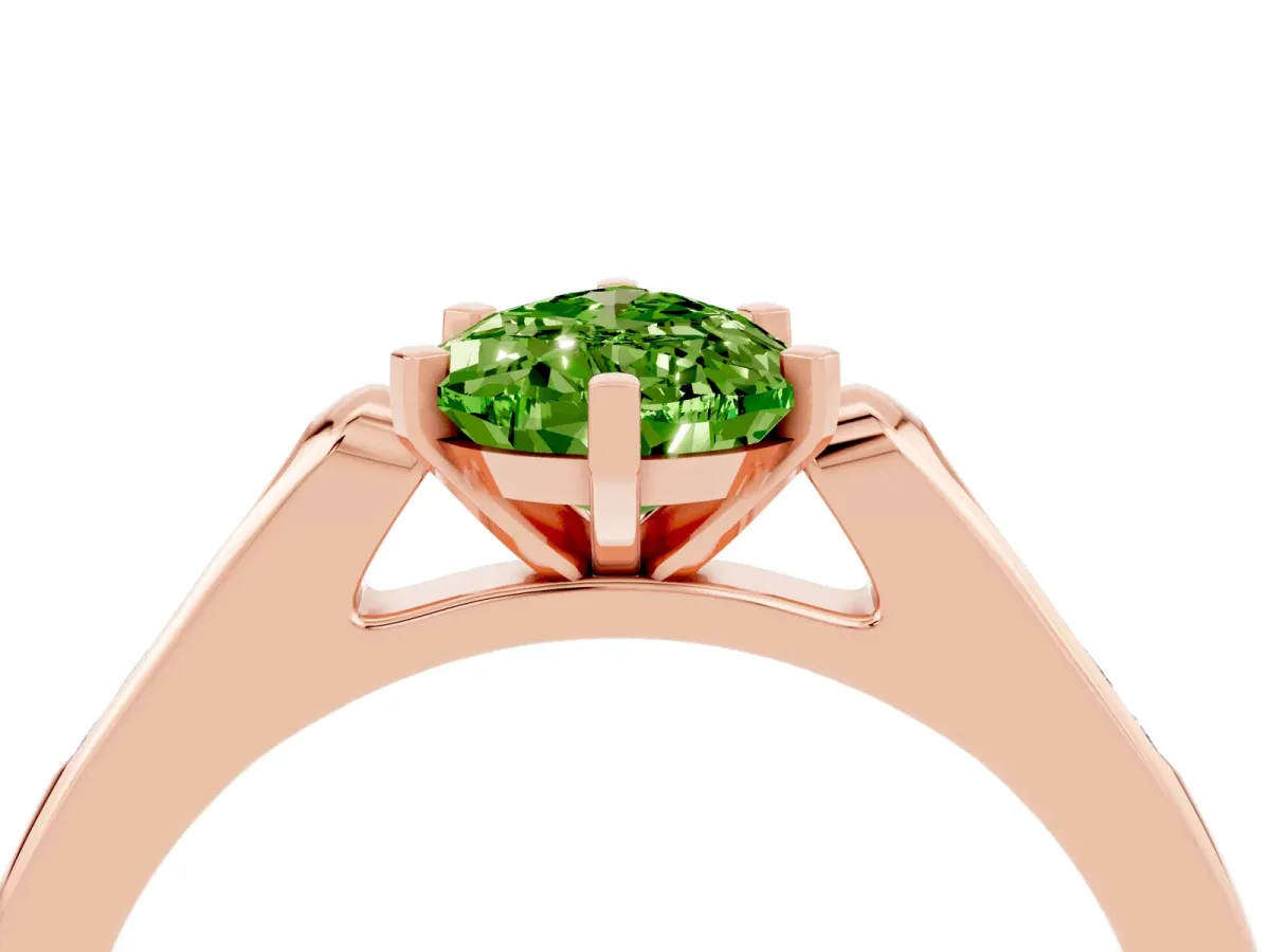 Pear Cut Peridot Solitaire Ring with Channel Set Round Band and Prong Setting Rose gold