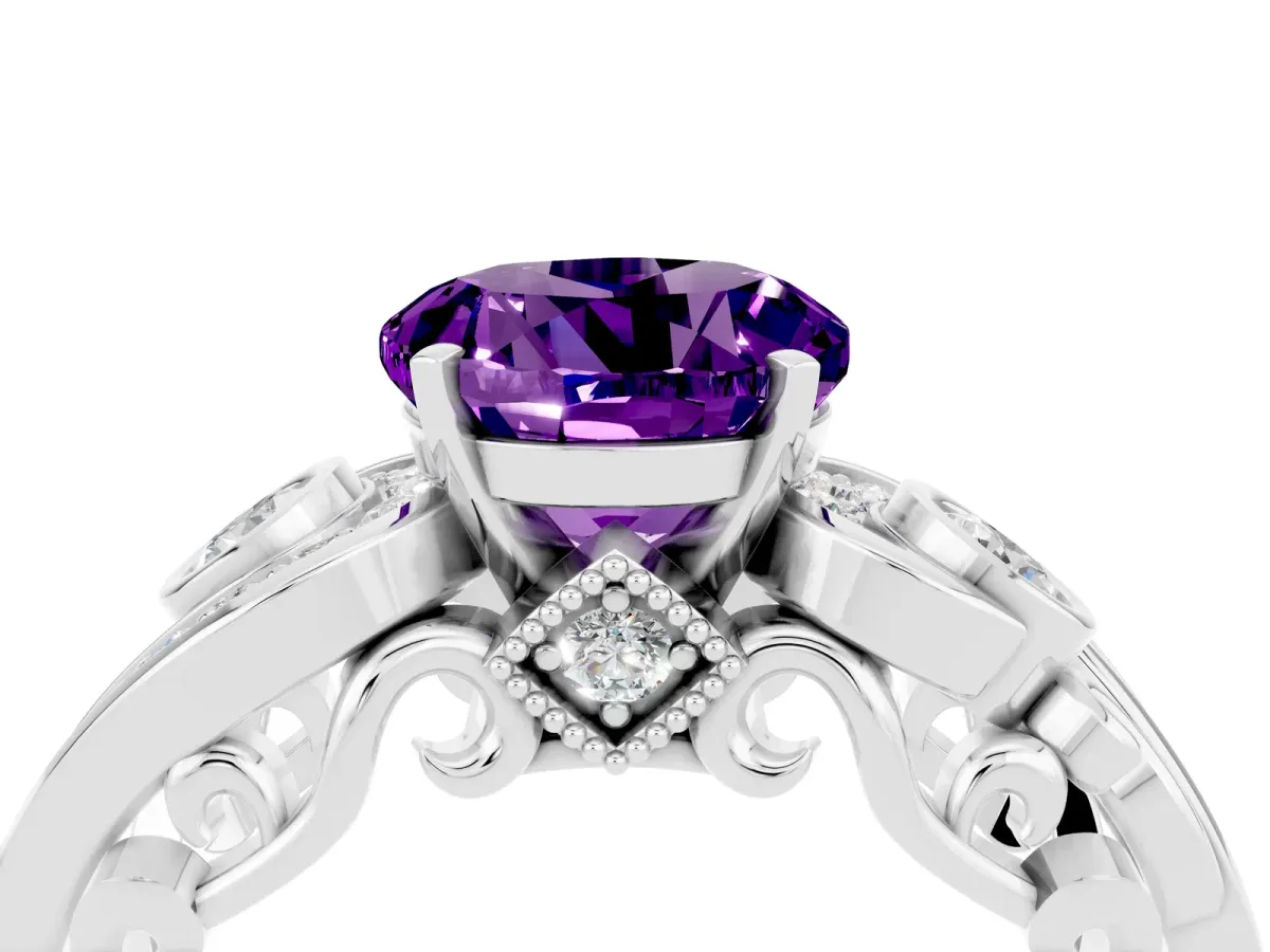 Round Cut Amethyst Solitaire Ring with Milgrain Pavé Band and Four-Prong Setting Silver
