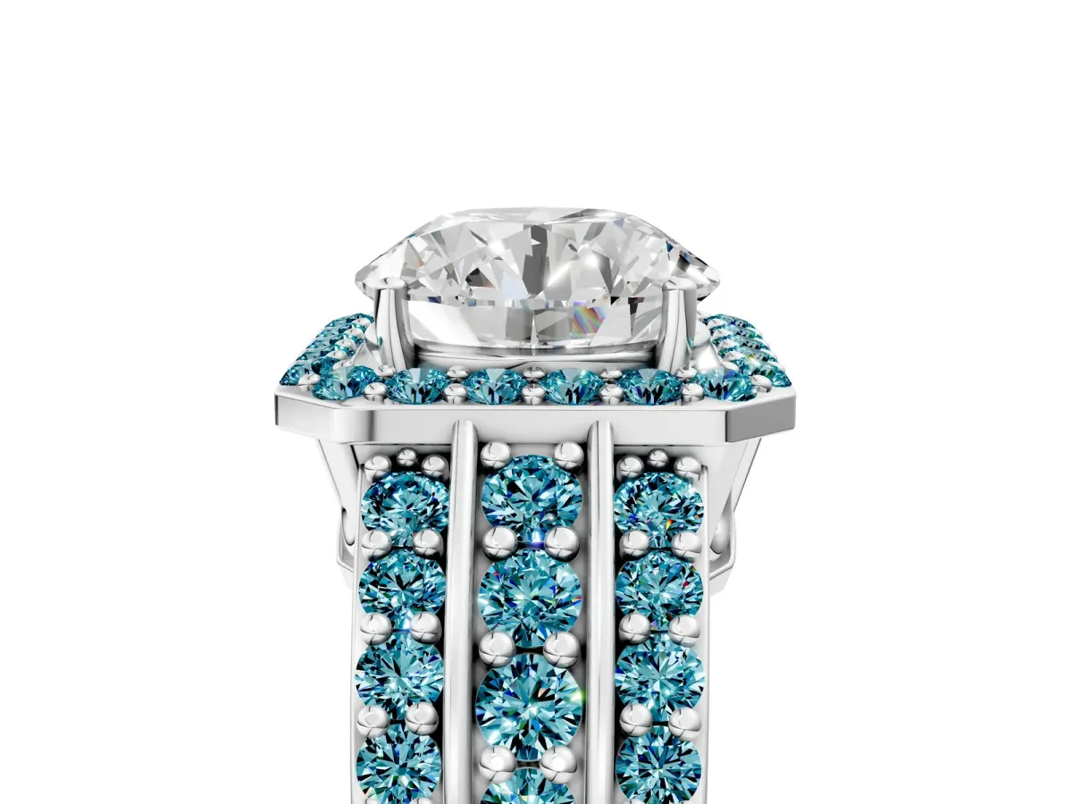 Round Cut Halo Diamond Ring with Round Blue Topaz Split Shank and Prong Setting Platinum