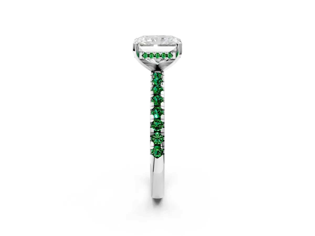 Radiant Cut Diamond Solitaire Ring with Round Emerald Pavé Band and Four-Prong Setting Silver