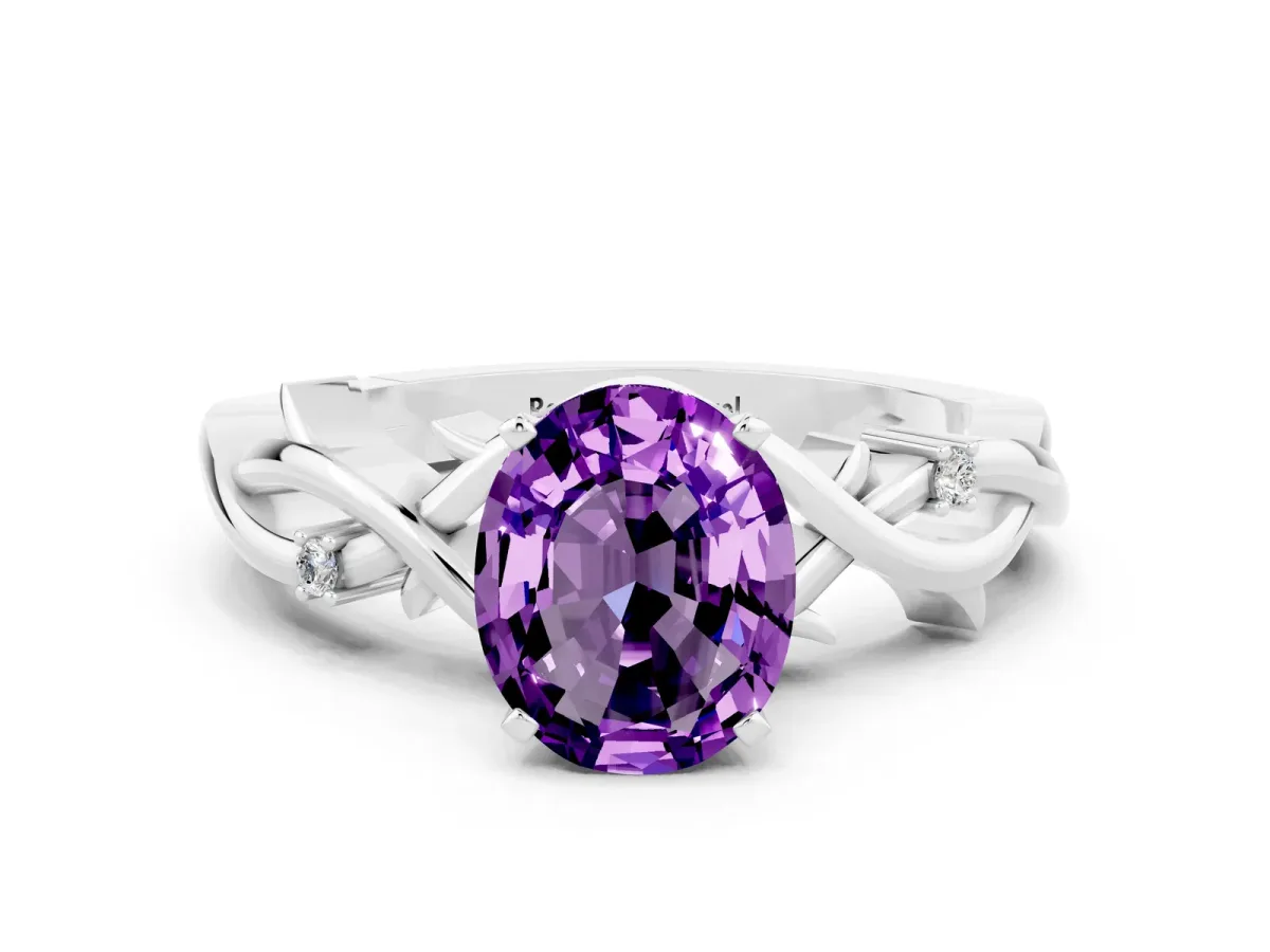 Oval Cut Amethyst Solitaire Ring with Twisted Band and Prong Setting White gold