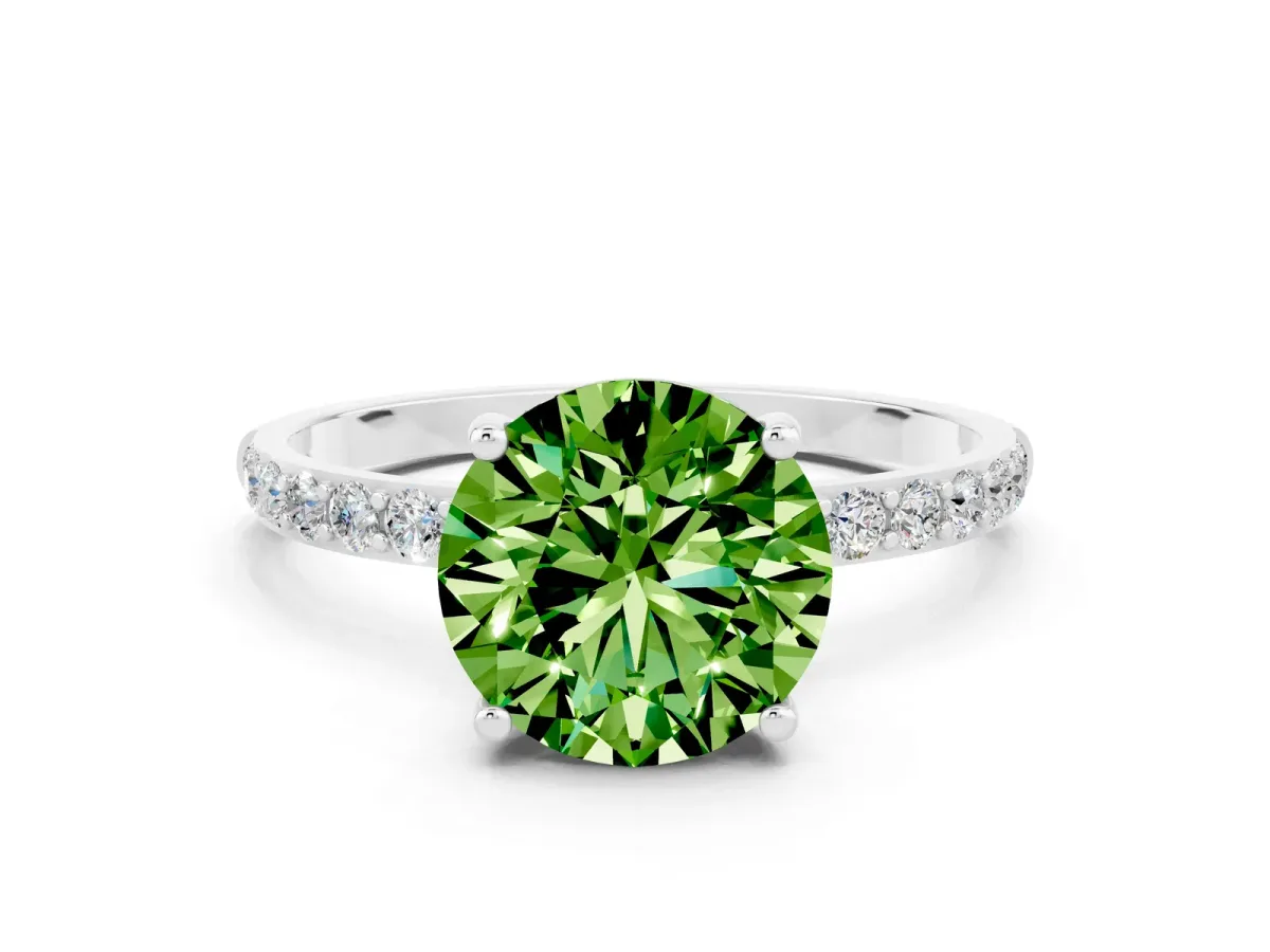 Round Cut Peridot Solitaire Ring with Round Pavé Band and Prong Setting Platinum