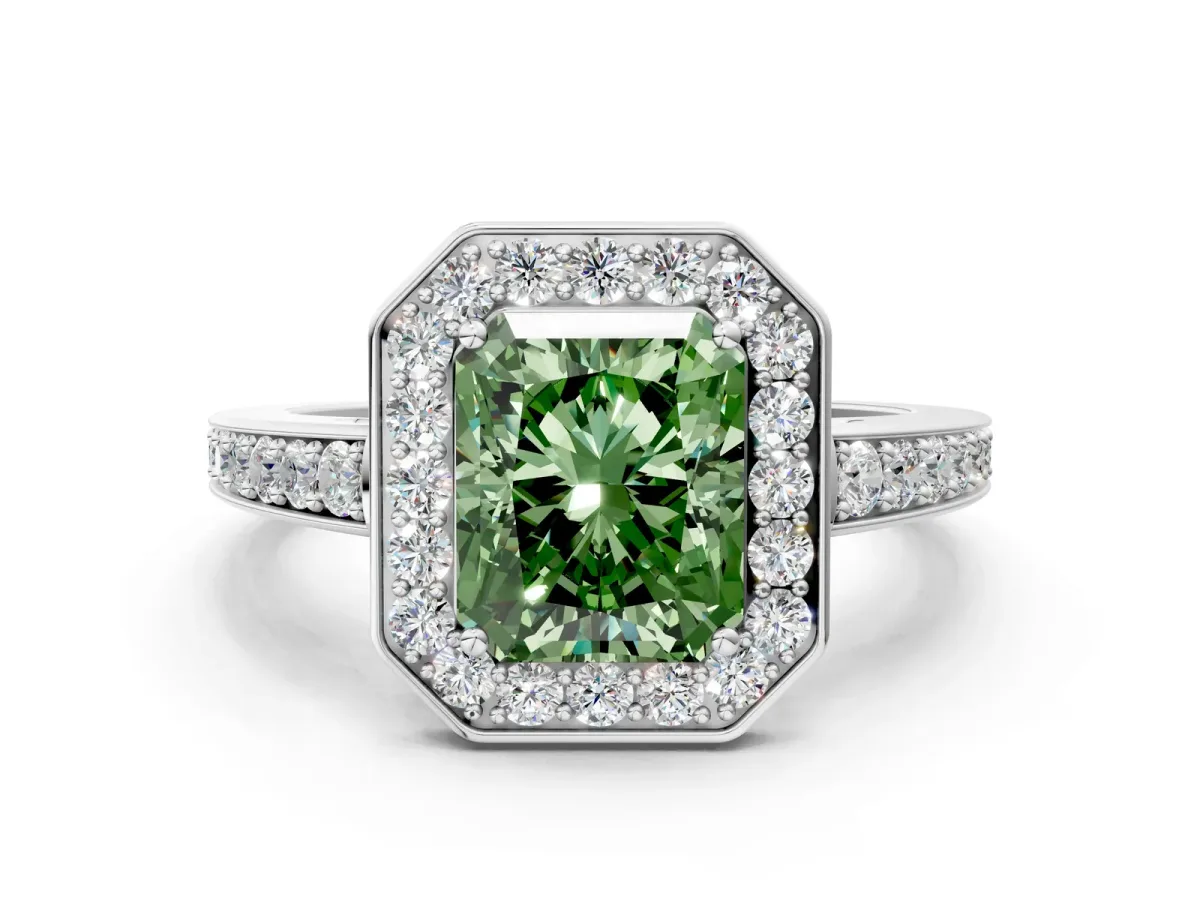 Fancy Green Radiant Cut Halo Pavé Diamond Engagement Ring with Bezel Setting Silver