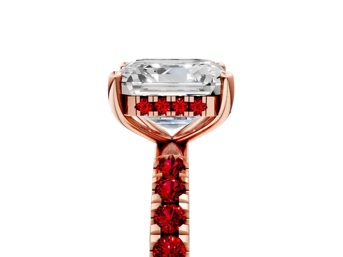 Asscher Cut Diamond Pave Band Solitaire Ring with Round Ruby and Prong Setting Rose gold