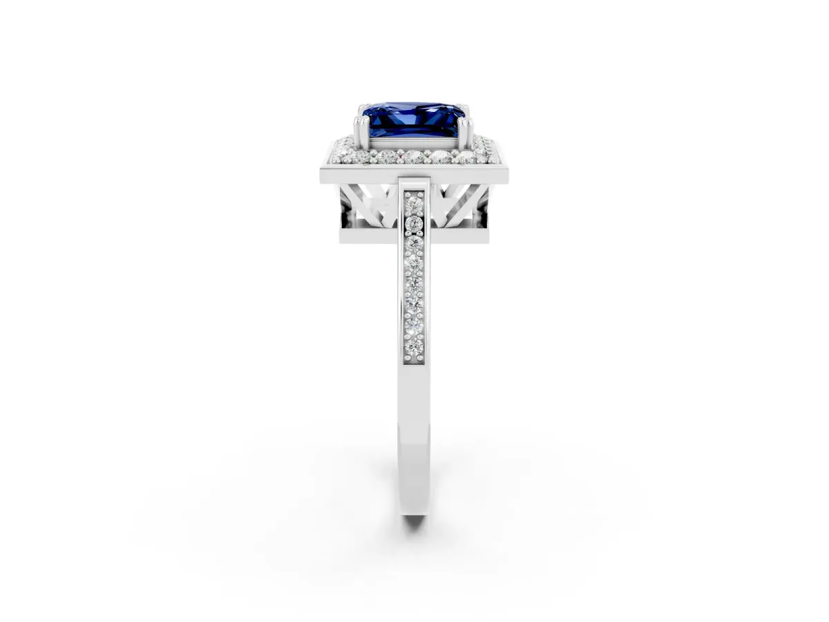 Princess Cut Blue Sapphire Halo Ring with Split Shank and Four-Prong Setting Platinum