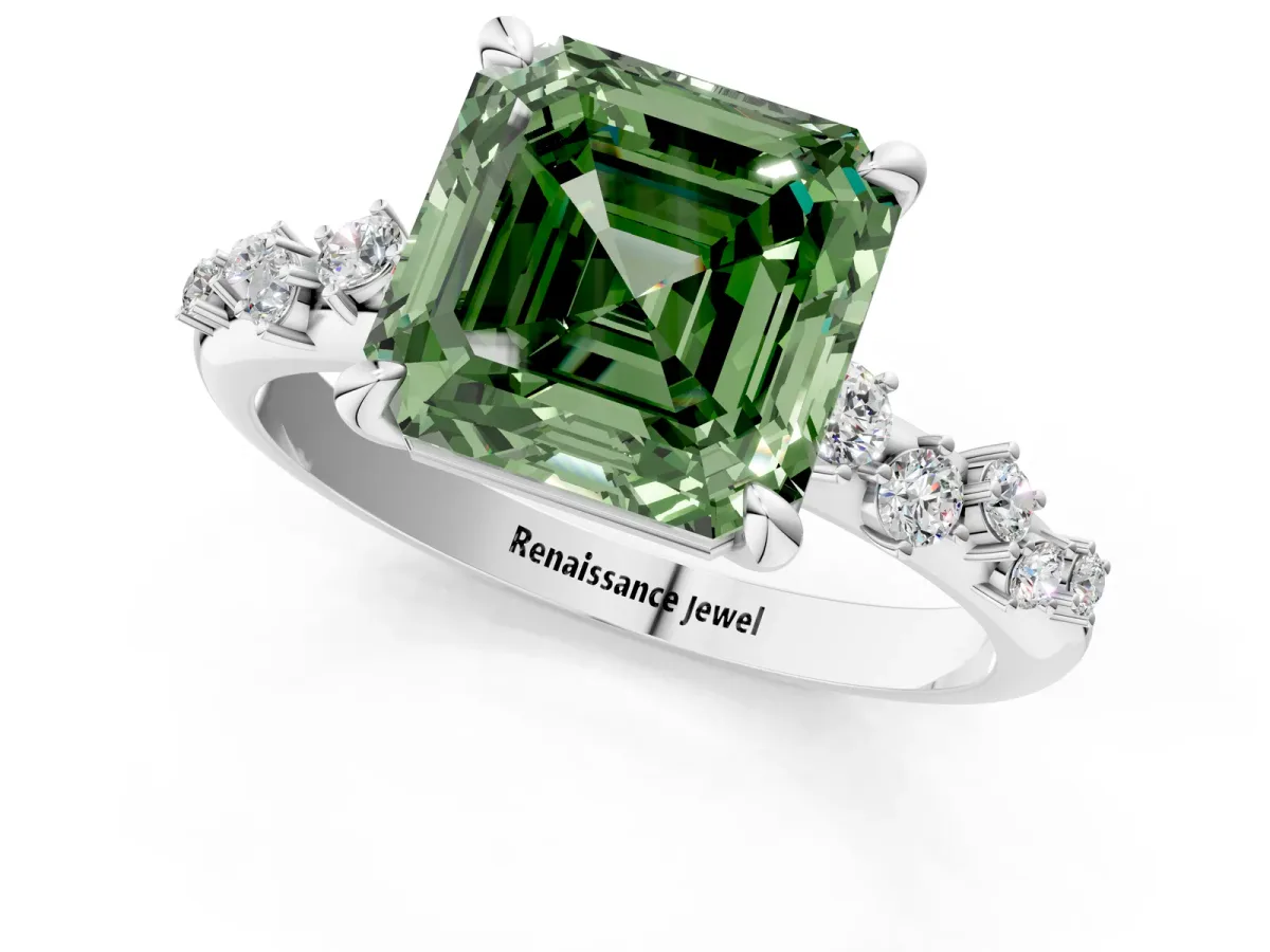 Fancy Green Asscher Cut Cut Diamond Vine Band with Four-Prong Setting Platinum