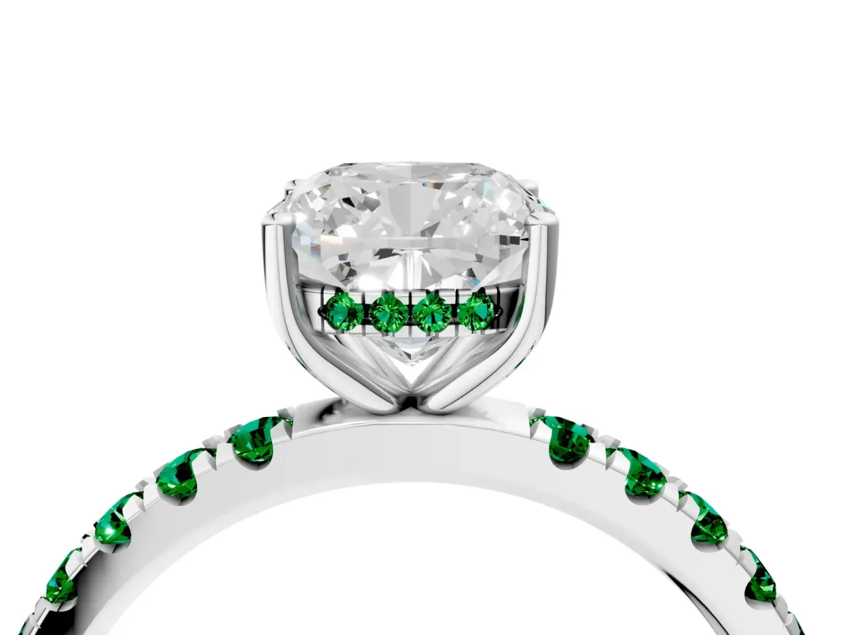 Cushion Cut Diamond Pave Band Solitaire Ring with Round Emerald and Prong Setting Platinum