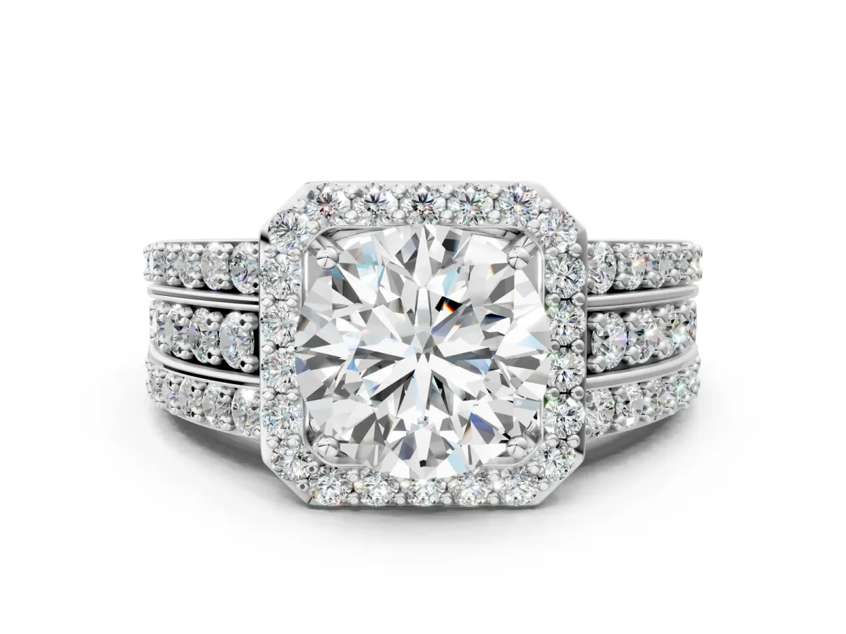 Round Cut Halo Diamond Ring with Round Split Shank and Prong Setting Platinum