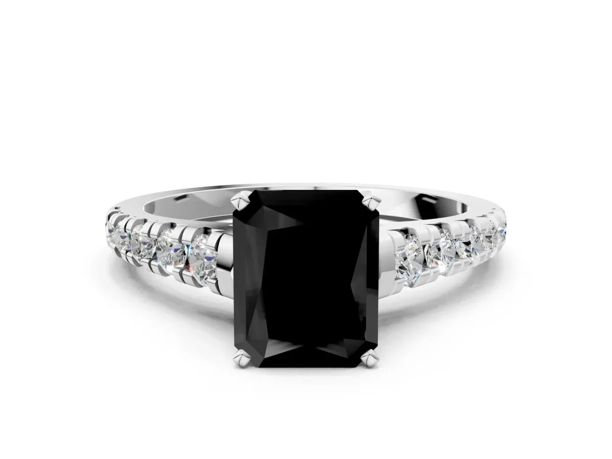 Fancy Black Radiant Cut Diamond Cathedral Solitaire Ring with Round Pavé Band Silver