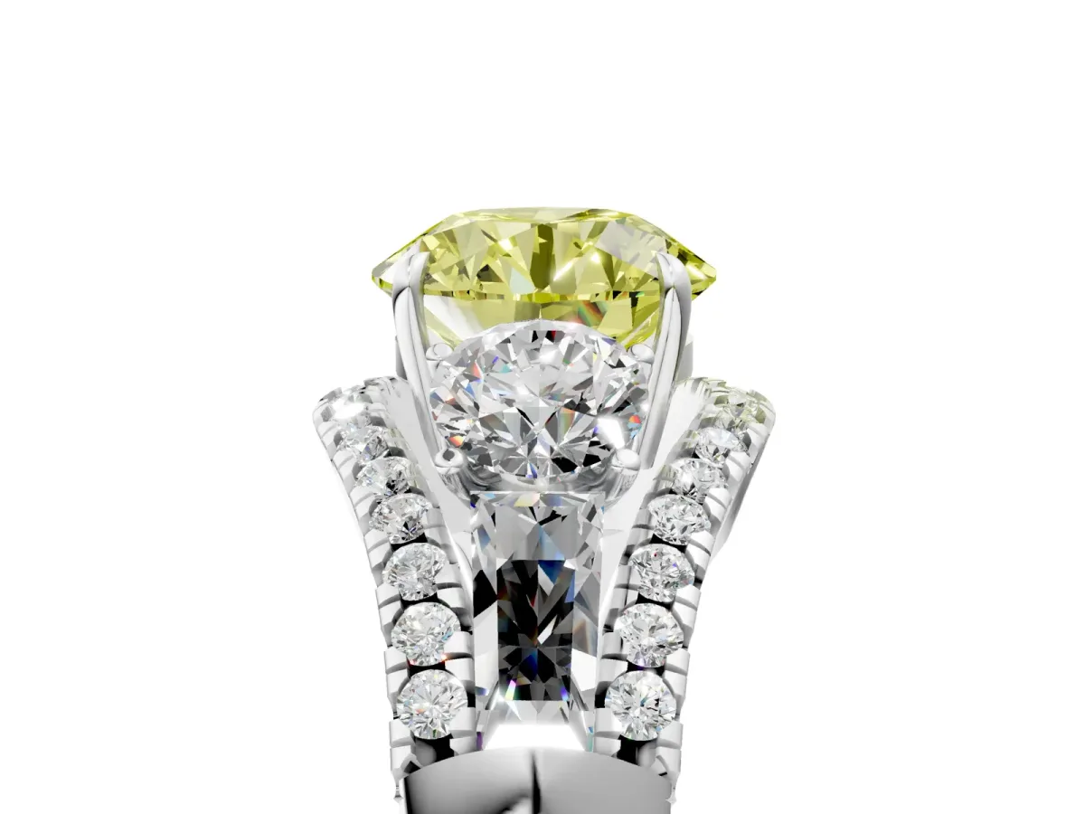 Fancy Yellow Three-Stone Round Cut Diamond Engagement Ring with Pave Band and Prong Setting Platinum