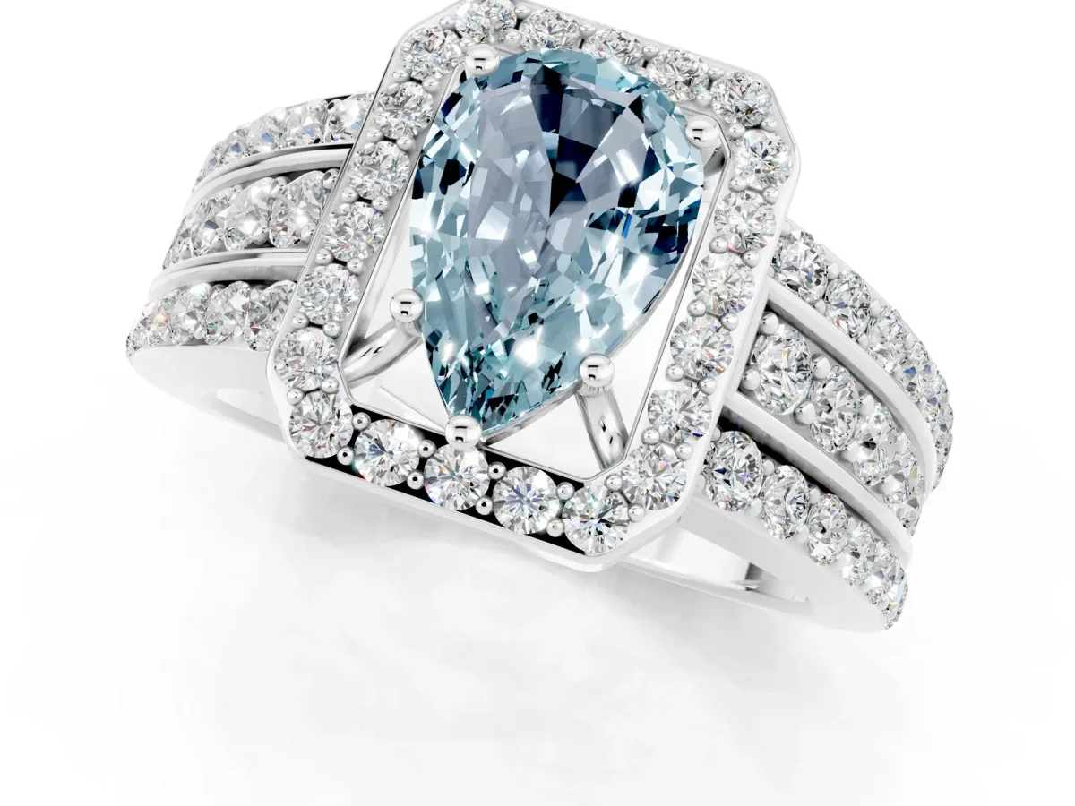 Pear Cut Halo Aquamarine Ring with Round Split Shank and Prong Setting Platinum