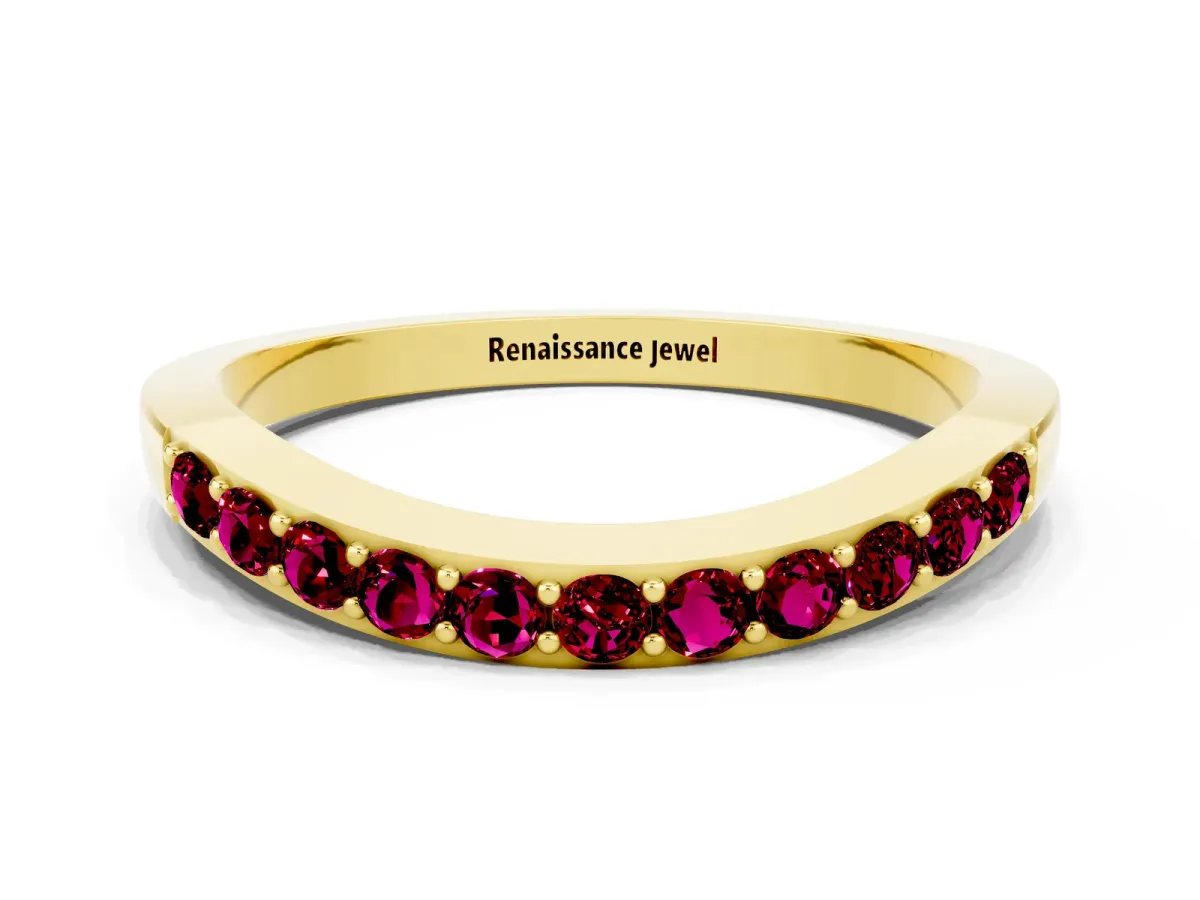 Round Garnet Curved Wedding Band with Channel Setting Yellow gold