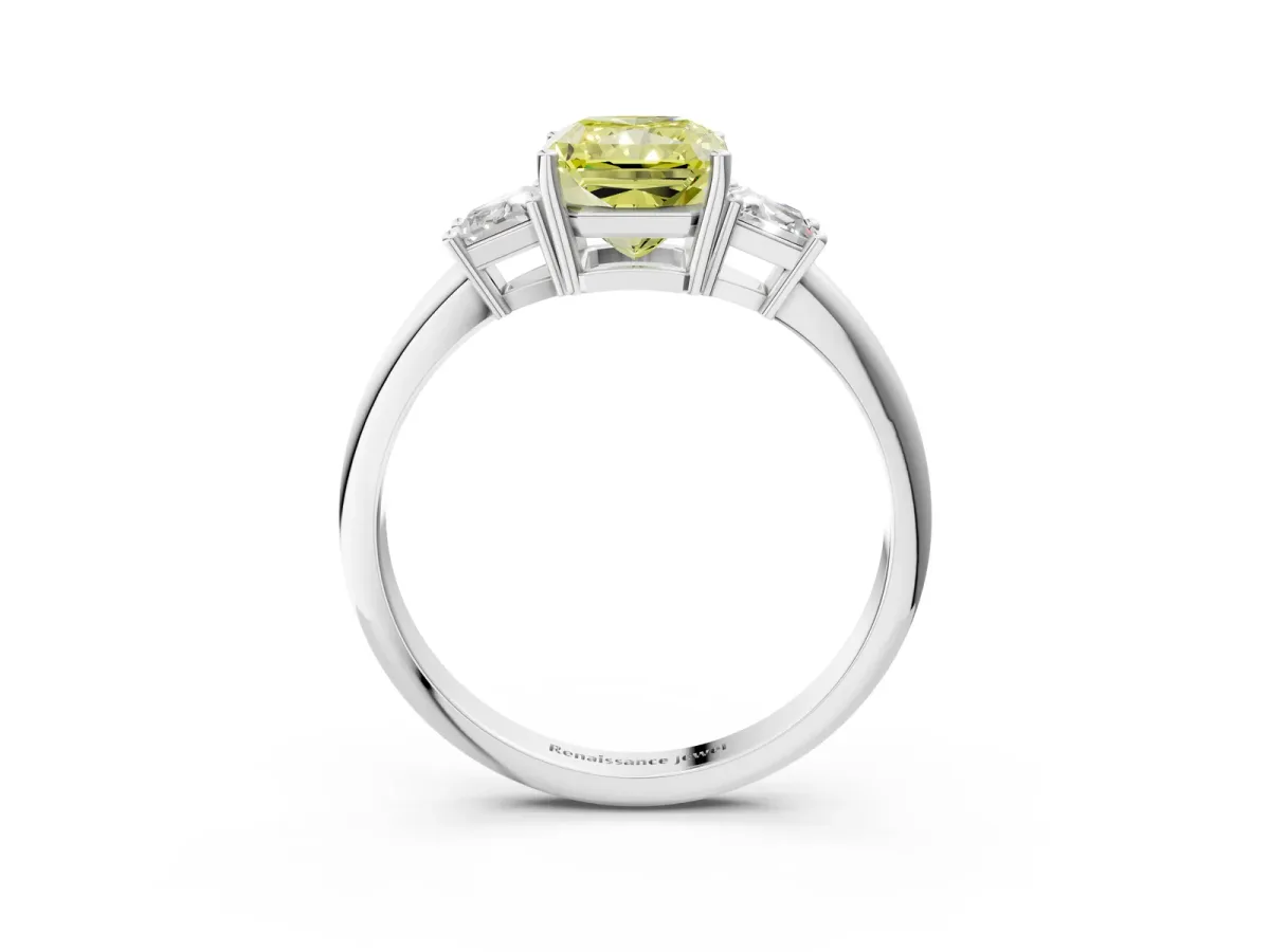 Fancy Yellow Radiant Cut Diamond Three-Stone Ring with Trapezoid Side Stones and Prong Setting Silver