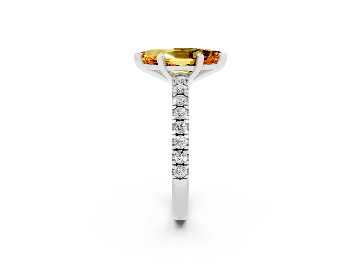 Marquise Cut Solitaire Citrine with Pavé Band and Four-Prong Setting Silver