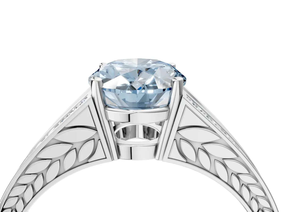Fancy Blue Oval Cut Diamond Split Shank Ring with Pavé Band and Four-Prong Setting White gold