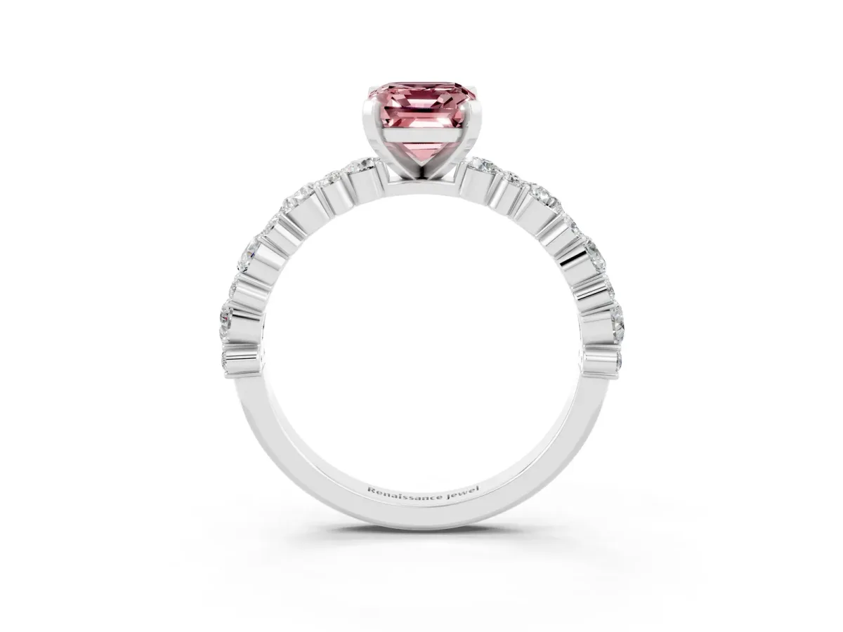 Emerald Cut Morganite Side Stone Solitaire Ring with Round and Four-Prong Setting White gold