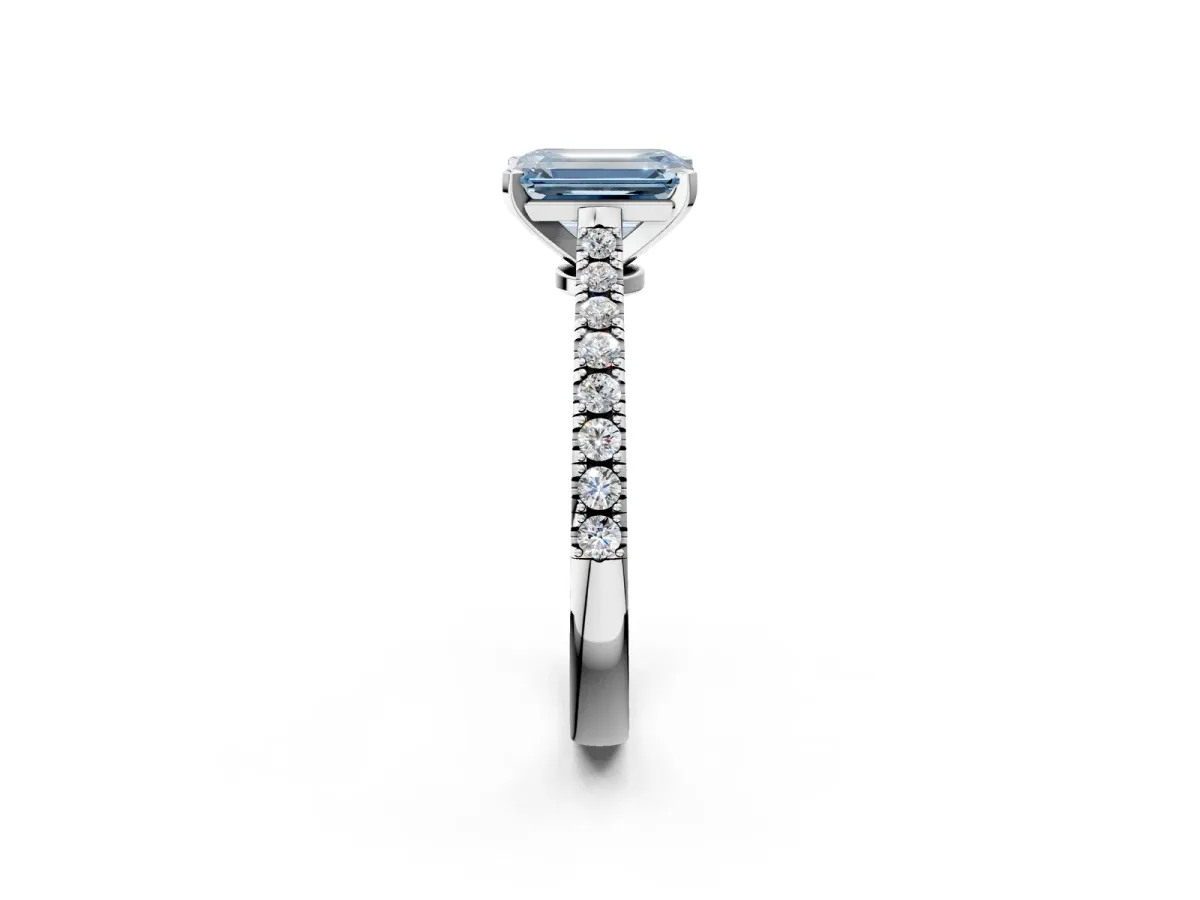 Fancy Blue Emerald Cut Cut Solitaire Diamond Engagement Ring with Pave Band and Four-Prong Setting Silver