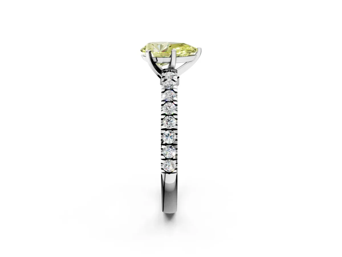 Fancy Yellow Pear Cut Solitaire Diamond with Pavé Band and Four-Prong Setting Silver