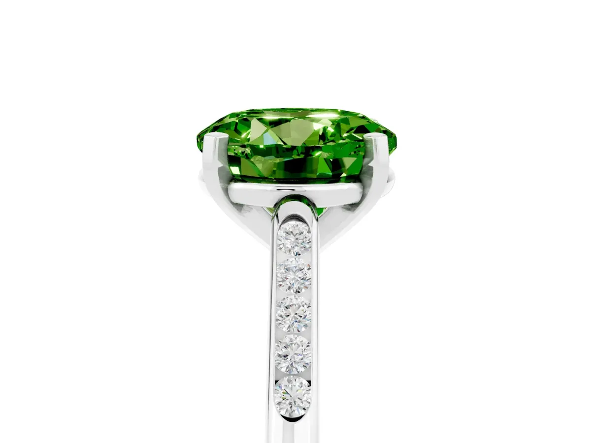 Round Cut Peridot Solitaire Ring with Channel Set Round Band and Prong Setting Platinum