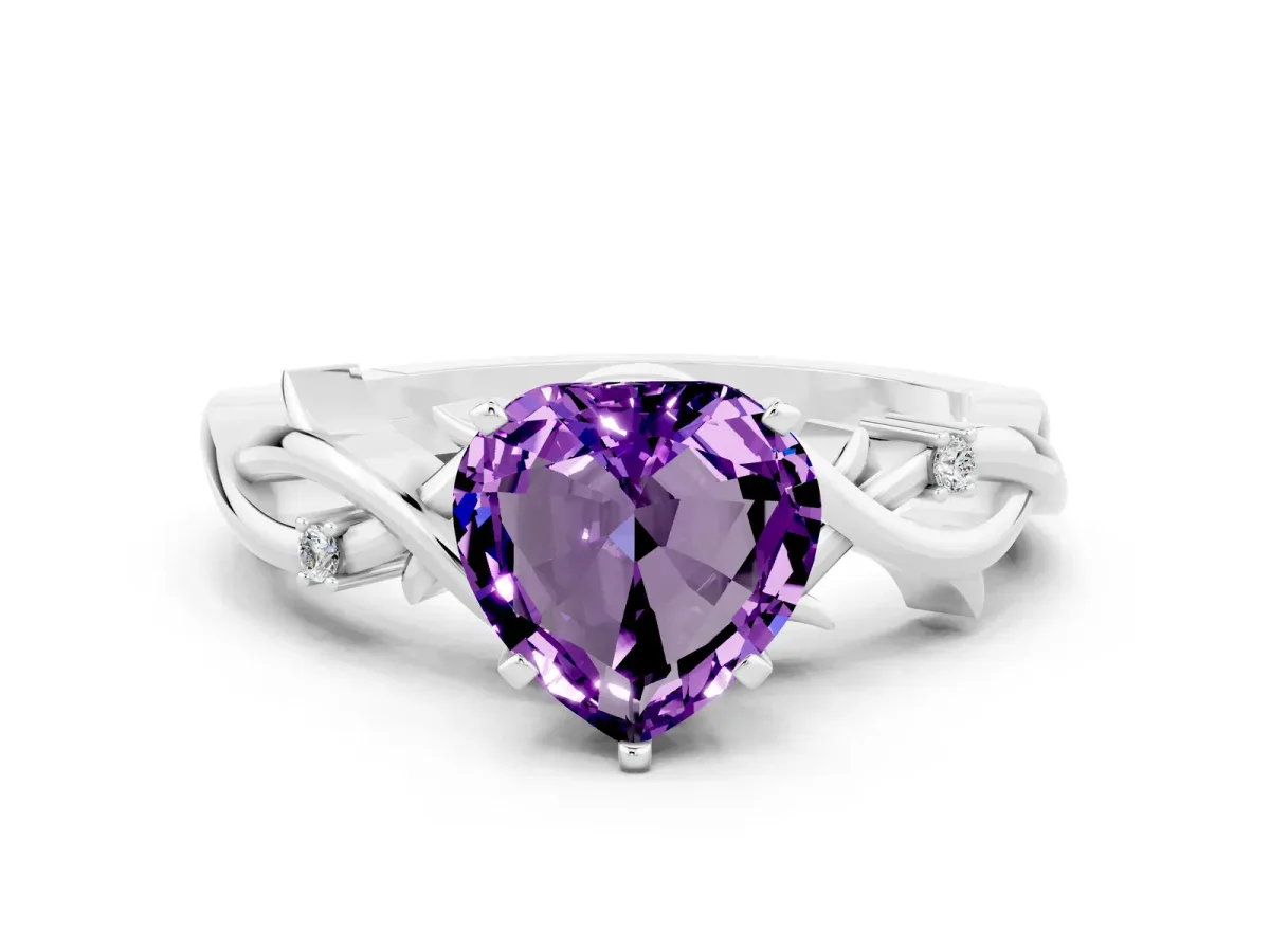 Heart Cut Amethyst Solitaire Ring with Twisted Band and Prong Setting Platinum