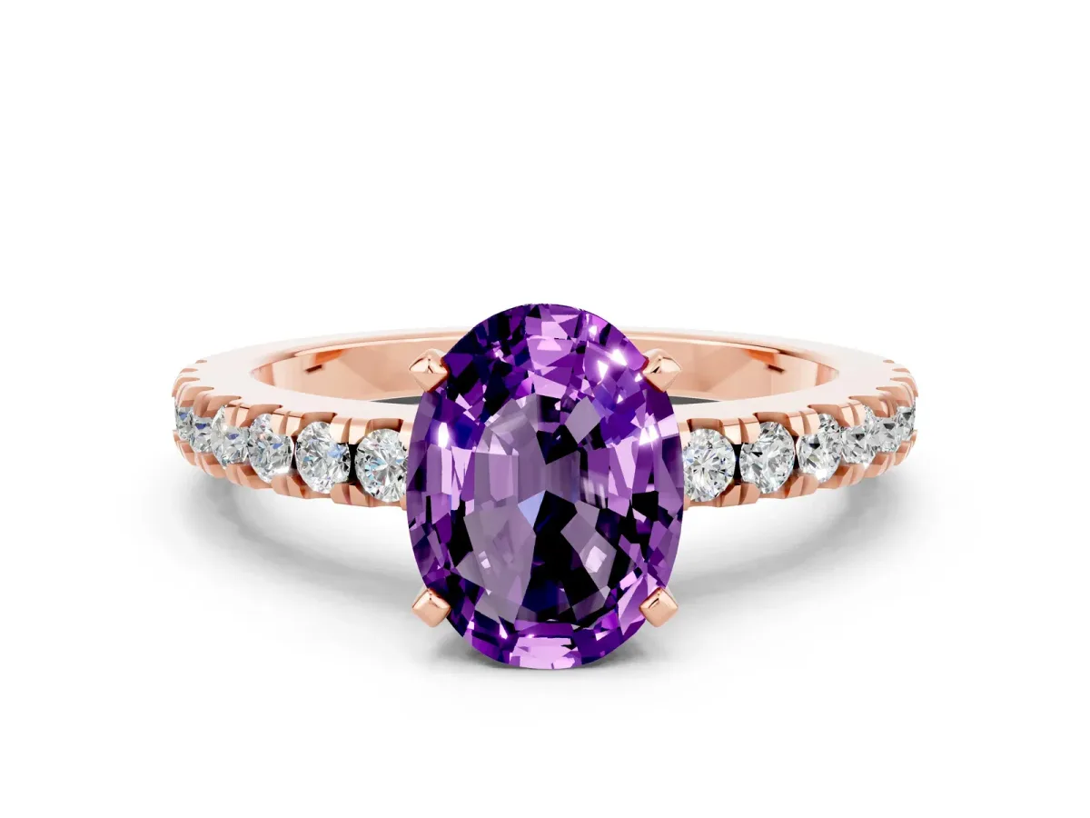Oval Cut Solitaire Amethyst with Pavé Band and Four-Prong Setting Rose gold
