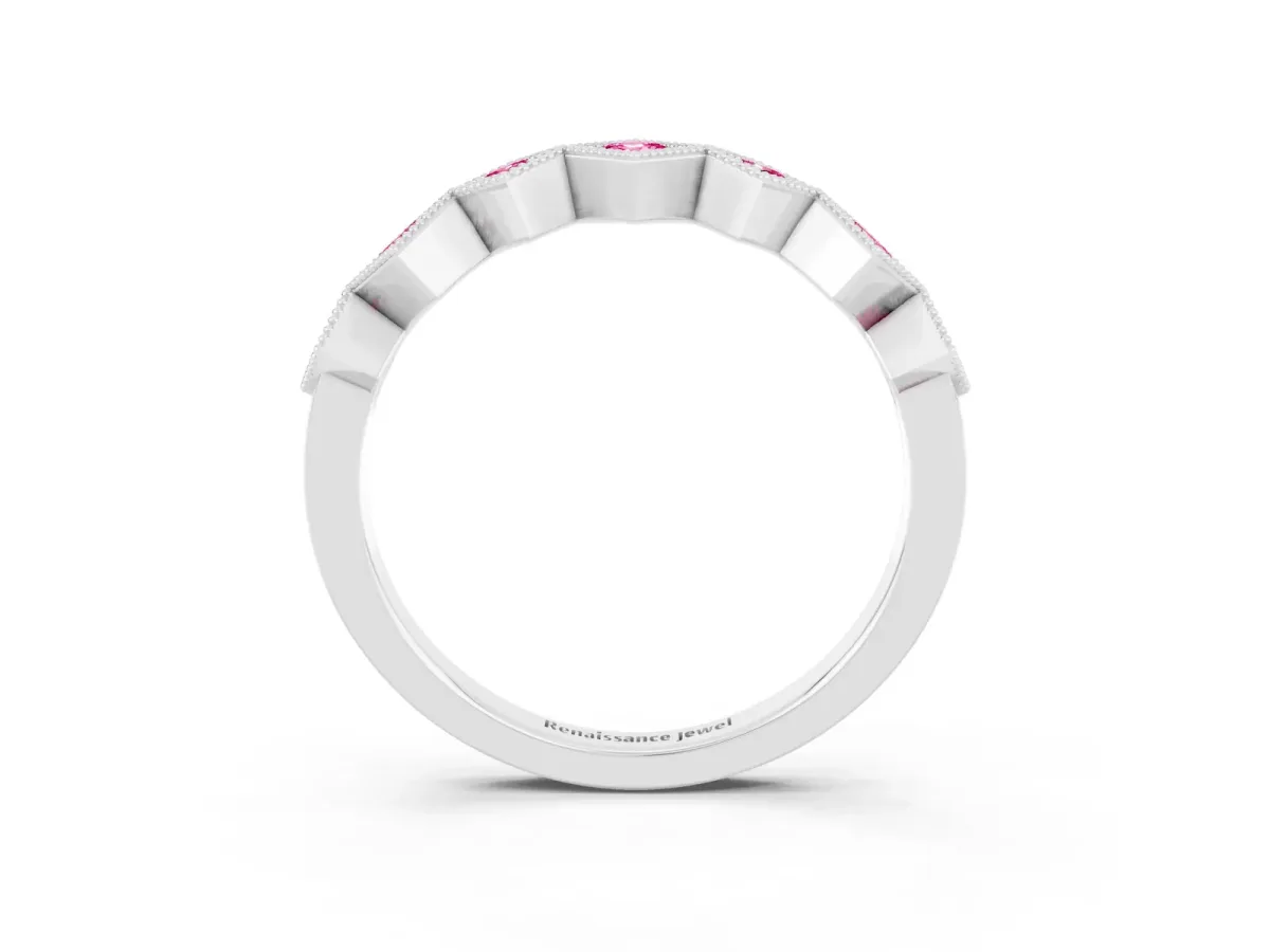Milgrain Square Bezel Round Pink Sapphire Chevron Band Silver
