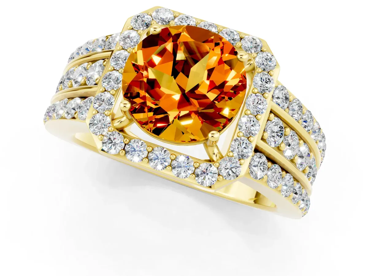 Round Cut Halo Citrine Ring with Round Split Shank and Prong Setting Yellow gold