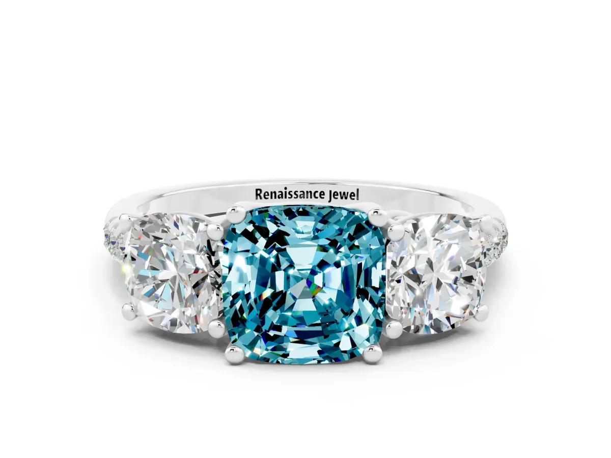Three-Stone Cushion Cut Blue Topaz Ring with Round Pavé Band and Prong Setting Silver