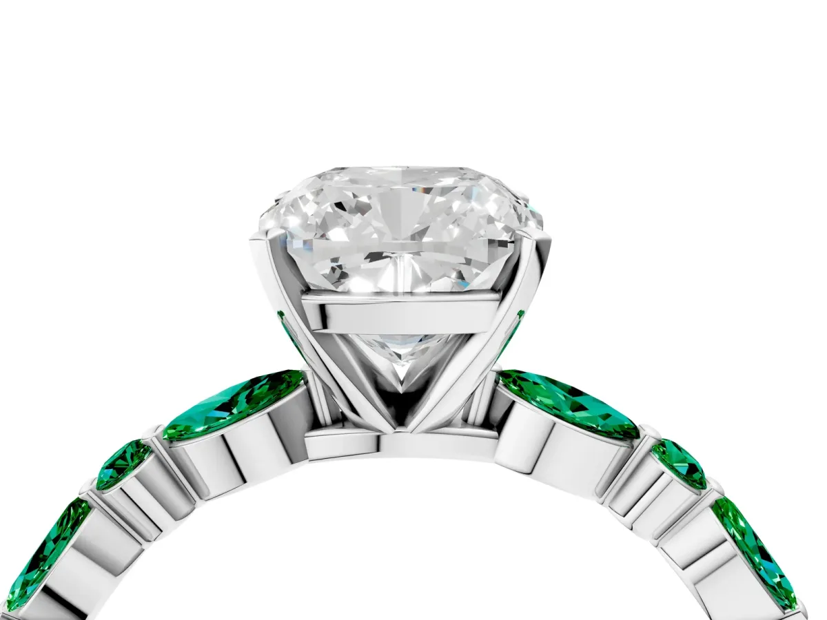 Cushion Cut Diamond Ring with Marquise and Round Emerald Side Stones and Four-Prong Setting Silver