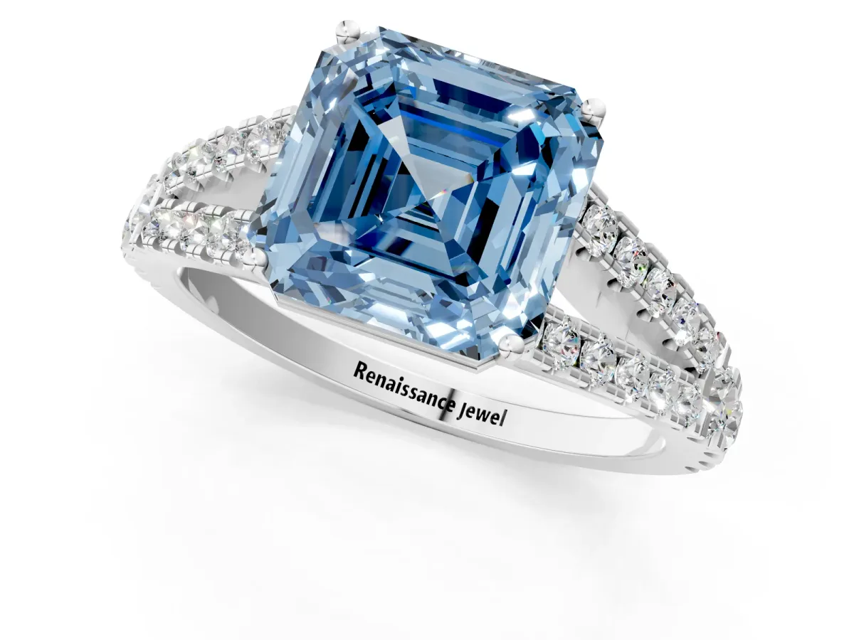 Fancy Blue Asscher Cut Diamond Split Shank Engagement Ring with Round Pavé and Prong Setting Platinum